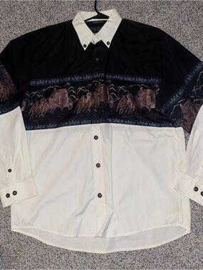 Men's Two-Tone Black and White Western Print Dress Shirt